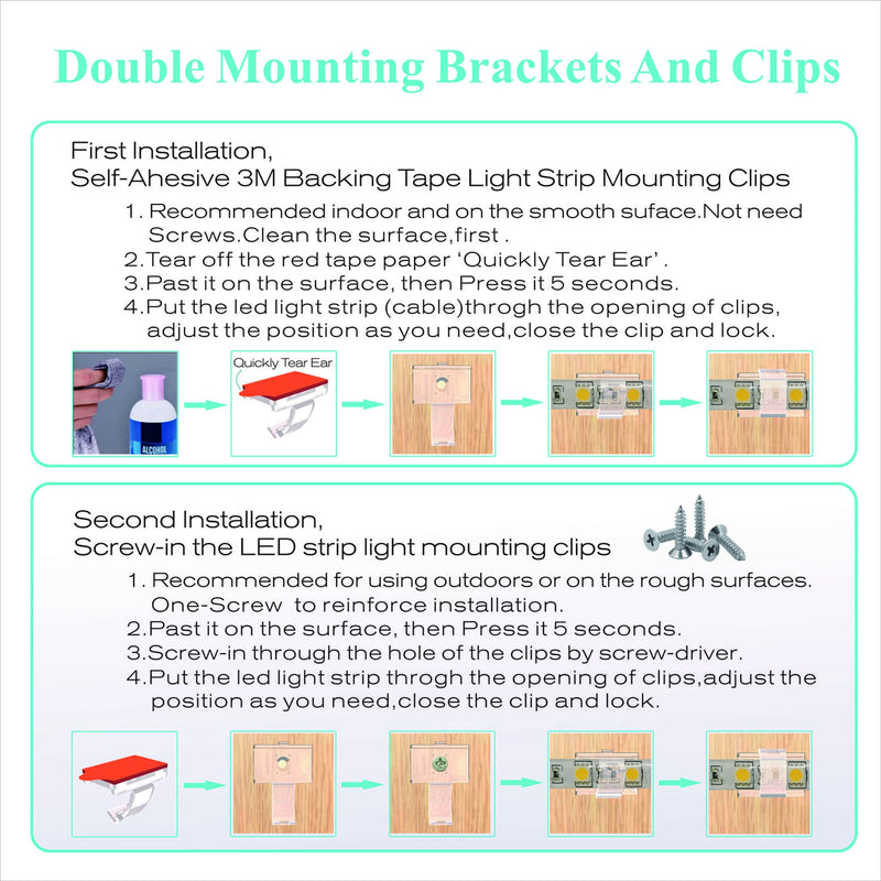 LED Strip Light Self-Adhesive Mounting Brackets and Clips,LED Strip Light Holder,Cable Wires Organizer Clips for Vehicle,Cabinet,Under-Counter, Indoor,Outdoor (Clear 100PACK With 100Screws) For 10mm IP65 Strip Light