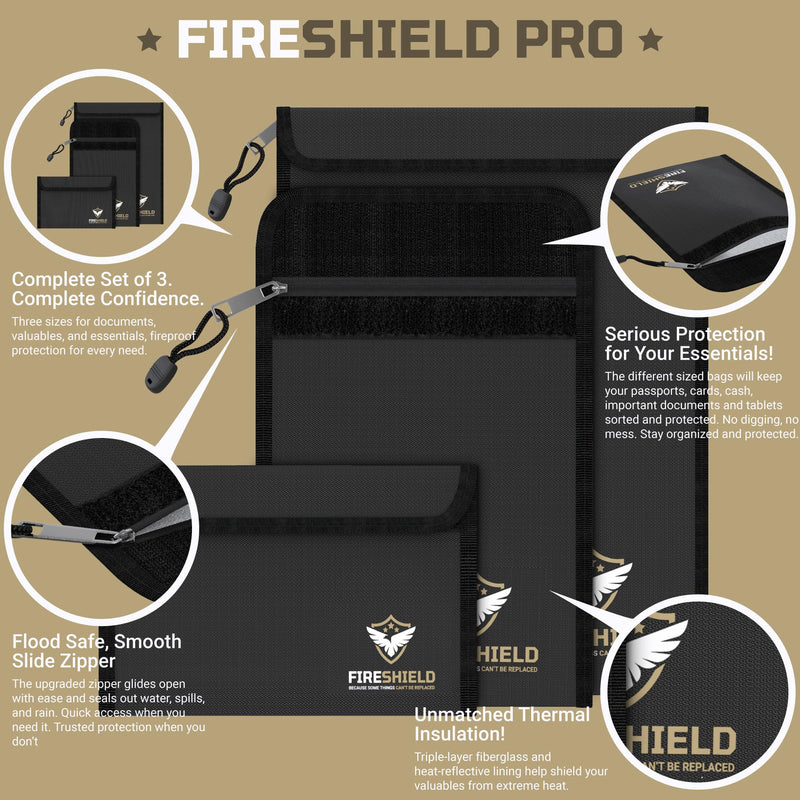FIRESHIELD PRO Upgraded 2000°F Fireproof Document Bag 3-Pack – Fire & Water Resistant Money Pouch for Cash – Safe Storage for Family Photos, Jewelry, Passport & Important Documents – Size: S, M & L Small, Medium, Large