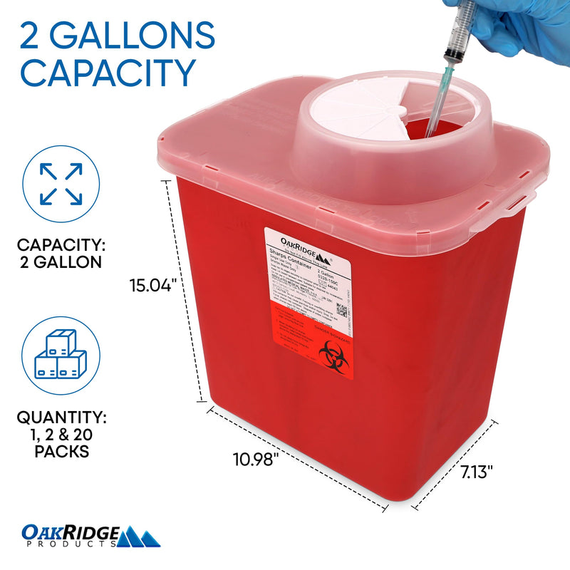 Oakridge Products Large Sharps Container for Home Use and Professional 2 Gallon (1-Pack) with Chimney Top, Biohazard Needle and Syringe Disposal, CDC Certified 1