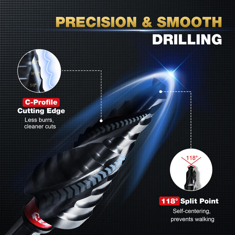 EZARC Step Drill Bit for Metal (1/4"- 1-3/8")，M35 Cobalt Step Drill Spiral Flute Unibit Wear-Resistant AlTiN Coated, 5/16" Thickened and 1/4" Hex Shank for Stainless Steel, Aluminum, Plastic 1/4"- 1-3/8"