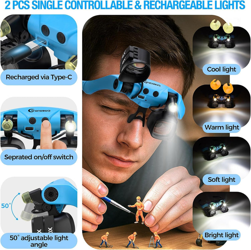Magnifying Glass with Light, 2X 4X 6X 10X 13X Magnifying Glasses Lens, Switchable Binoculus Loupe w/Storage Case, Rechargeable Head Mount Magnifier for Close Work Watch Repair Crafts Jewelry Blue
