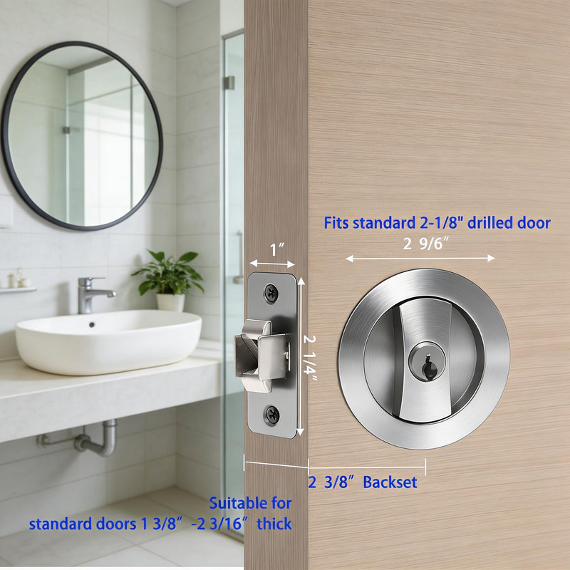 Dontay Pocket Door Key Lock with Edge Pull Handle,2 3/8" Backset,Stainless Steel Recessed 2 Sided,Hardware for 1 3/8" to 2 3/16" Sliding Door&Bathroom Doors (Brushed Nickel, Round - 1 Set) Brushed Nickel