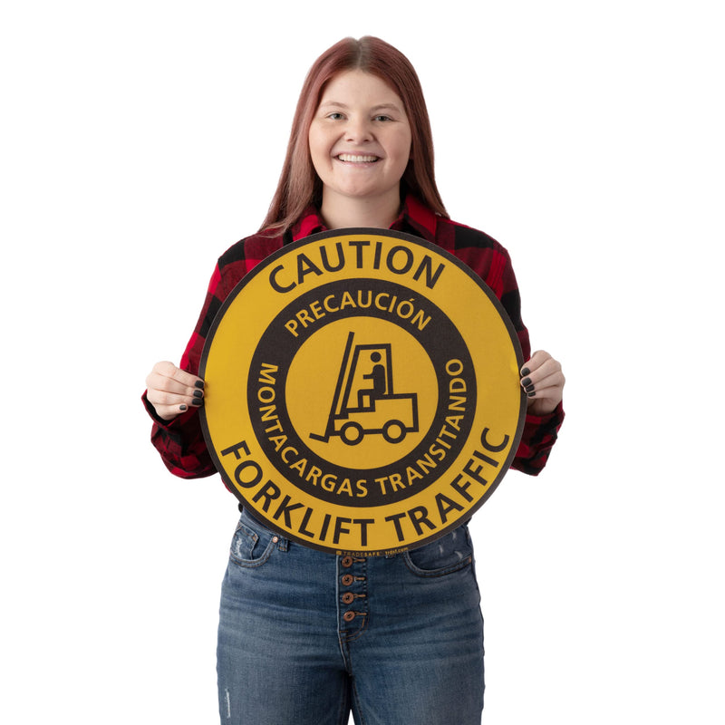 TRADESAFE Bilingual Caution Forklift Traffic Anti-Slip Floor Sticker - Precaución Montacargas Transitando Caution Sign, Peel and Stick Adhesive Vinyl Sign, ANSI-Compliant, 17” Diameter Round Sticker - NewNest Australia