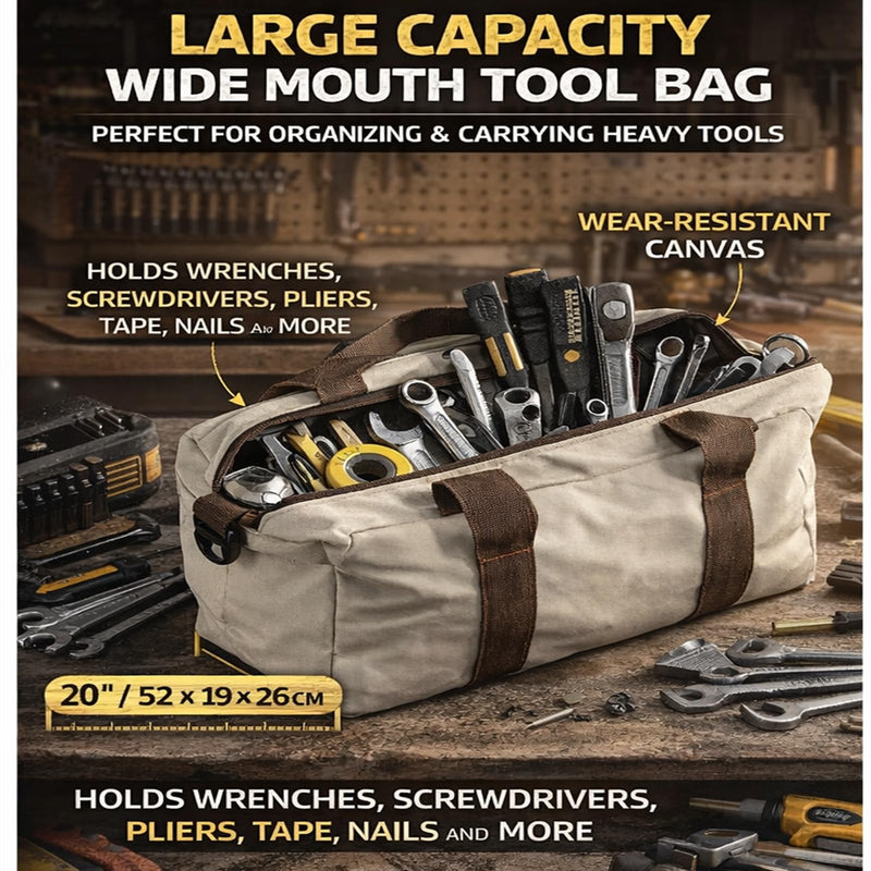 Garosa Wide Mouth Tool Bag Waterproof Wrench Bag Cable Bag Machine Storage Bag Canvas Case Handbag Gray for Electricians Plumbers Mechanics Handymen (20in) 20in