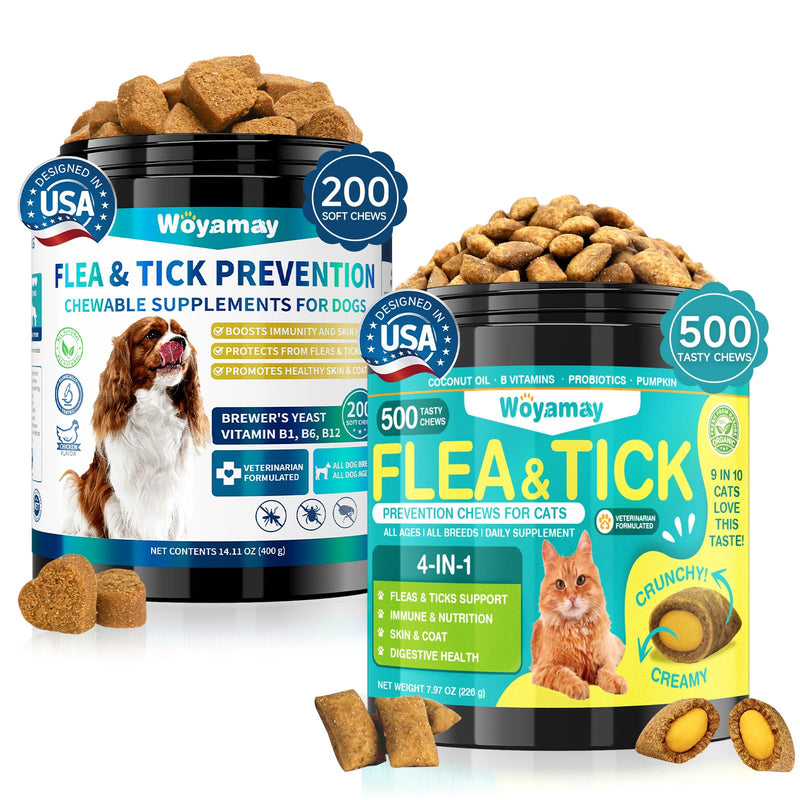 Flea and Tick Prevention Chews Bundle for Cats & Dogs, Natural Oral Flea Treatment, 200 Dog Soft Chews + 500 Cat Crunchy Chews, Daily Multi-Pet Supplement for Flea Defense, Skin & Coat, Immunity