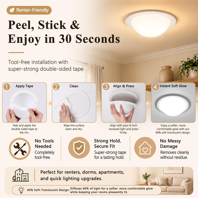4 Pack Recessed Light Cover, 6 Inch Can Light Covers 60% Translucent Fully Shade Hemisphere Stick-On with Super Strong Double-Sided Tape, Anti-Yellow Cream White, Easy Install 4