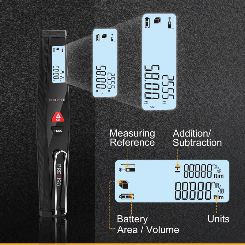 PREXISO Pocket Laser Measurement Tool, 135Ft Laser Distance Meter Backlit Display Laser Measure with Pen Clip Ft/Ft+in/in/M Unit - Pythagorean, Distance, Area, Volume Modes for Home, Industries Black 135 Ft