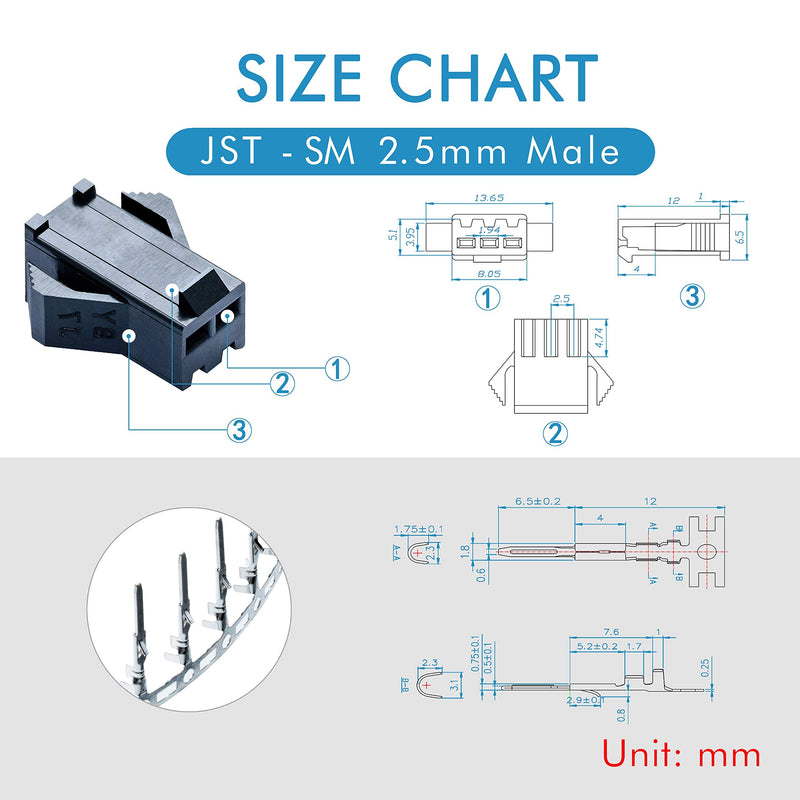 JST SM 2.5 mm Pitch 2-Pin Electronic Connector IC Male Plugs, Female Sockets Housing and Male/Female T-Shaped Crimp Terminal Kit. 50 Sets/300 Pieces Wire-Wire Adapter Cable Assembly. 2P