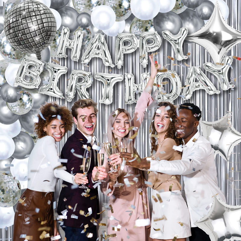 Disco Birthday Party Decorations - 87pcs Disco Happy Birthday Party Decorations Silver Backdrop Disco Birthday Balloons Ball Decor 60s 70s 80s Cool Retro Silver Birthday Decorations Women Men