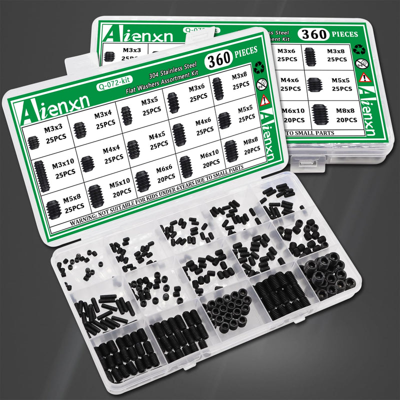 360PCS 15 Metric Sizes Set Screw Assortment Kit, Hex Socket Head Cup Point Set Screws 12.9 Class Alloy Steel Grub Screw, Internal Hex Drive Cup-Point Screw (M3-M8) Black 360PCS