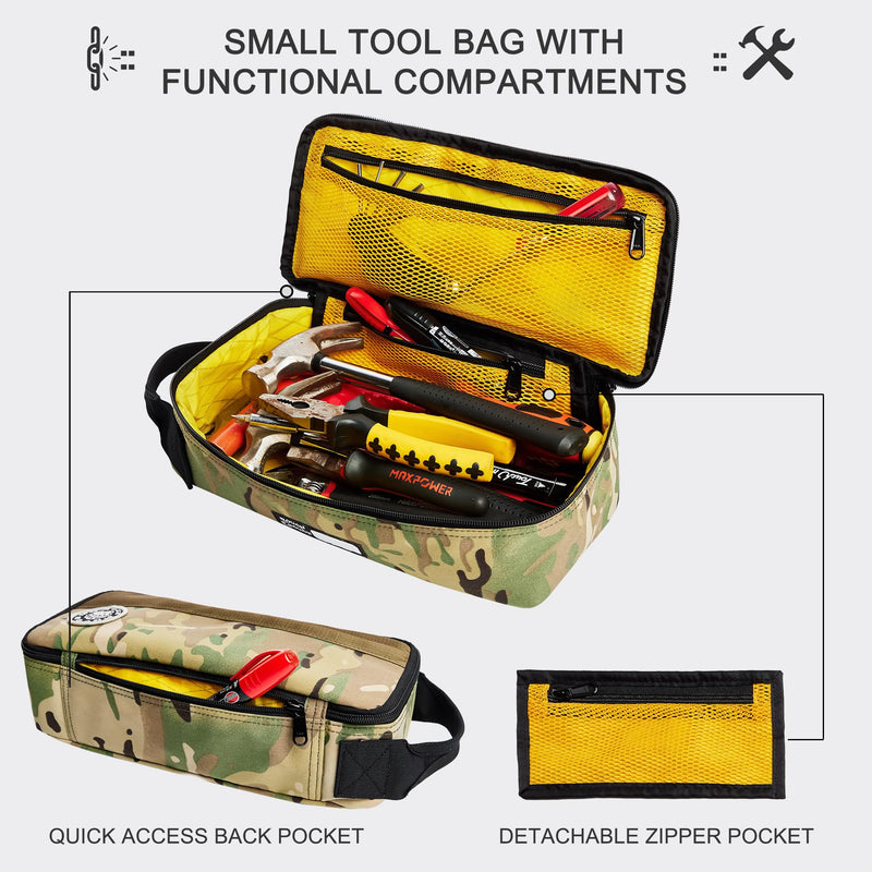 Rough Enough 12" Small Tool Bag, Heavy Duty Tool Pouch for Electricians, Motorcycle Repair & Camping, Water-Resistant Padded Organizer, Portable Compact Tool Case for Travel, Camo