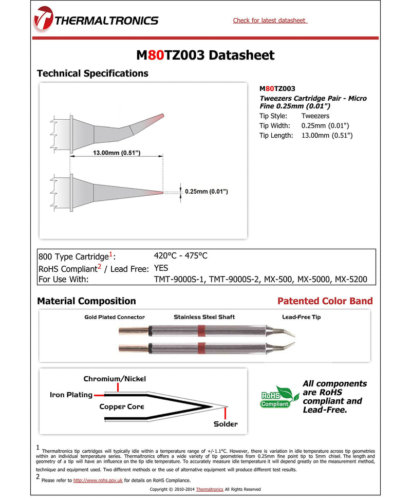 Thermaltronics M80TZ003 Tweezers Cartridge Pair - Micro Fine 0.25mm (0.01in)