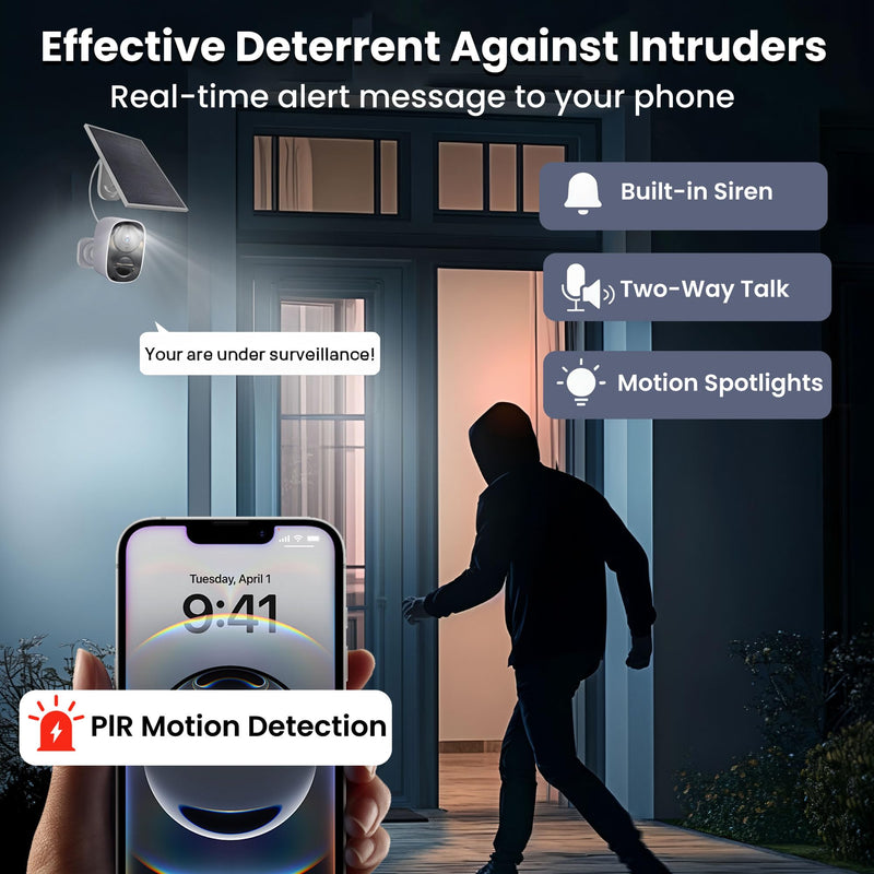 2025 Upgraded 2K Security Cameras Wireless Outdoor with Solar Panels, Free Cloud Storage, AI Motion Detection Spotlight Siren Alarm Outdoor Camera Wireless, 2-Way Talk, IP66 Waterproof White-Camera with Solar Panel