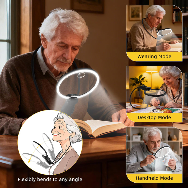 2500mAh Magnifying Glass with Light, Upgrade LCD Display Screen 5X/10X Lighted Magnifier for Seniors & Low Vision, Hands Free Magnifier for Reading, Knitting, Cross Stitch & Crafts Black