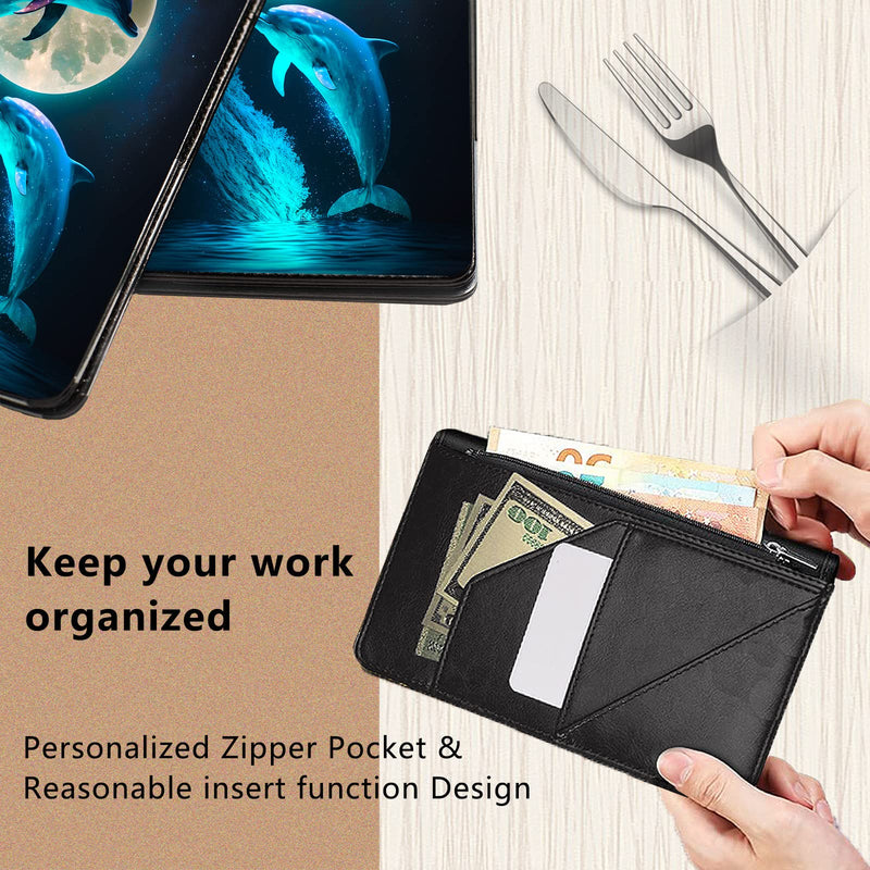 Server Book for Waitress,Leather Waitress Book Organizer with Zipper Pocket Waiter Book Server Wallet Fit Server Apron and Guest Check Books for Servers Waitress Notepad,Cute Dolphins and Moon Cute Dolphins and Moon