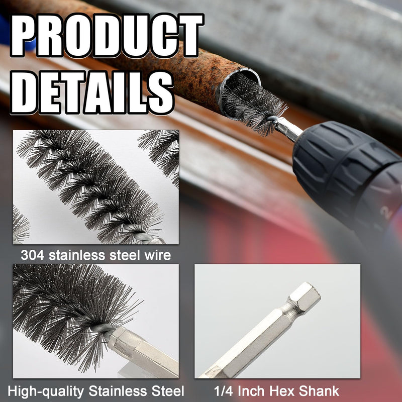 MAXMAN Wire Brush for Drill, 12pcs Stainless Steel Bore Brush with 1/4” Hex Shank, Durable Metal Bristles Twisted, 12 Size for Metal, Pipes, Tubes Cleaning, Rust & Paint Removal, Fits Power Drill Stainless Steel-12 Piece