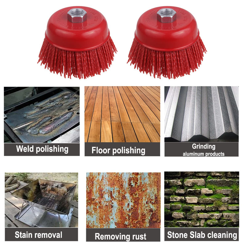 4 Inch Abrasive Filament Nylon Cup Brush for Angle Grinder, 5/8" 11 Thread, Nylon Wheel Brush for Grinders -Remove Rust, Corrosion, Paint, for Surface Pre-Treatment of Various Metals (2 Pack) 2 Pack