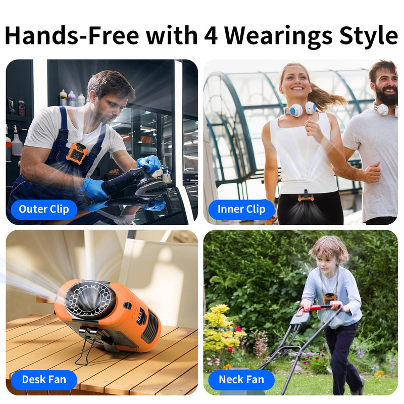 Socool 10000mAh Portable Waist Fan Clip On Personal Fans Rechargeable, 67H Cooling Wearable Belt Shirt Fan with 5 Speed Wind Adjustable & LED Light, Hanging Neck Fan for Outdoor Jobsite Camping Orange