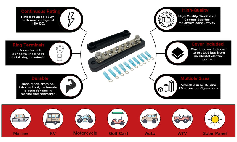 10 Terminal Bus Bar Kit for Power and Ground Distribution - Heat Shrink Ring Terminals and Cover Included 10 Terminal W/Cover Black