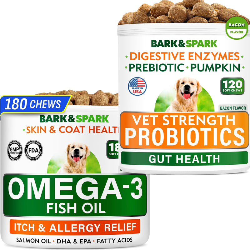 Vet Strength Dog Probiotics + Omega 3 Fish Oil Treats Bundle - Dog Shedding, Skin Allergy, Itch Relief - Digestive Enzymes & Gas, Diarrhea, Constipation Relief Supplement - Made in USA