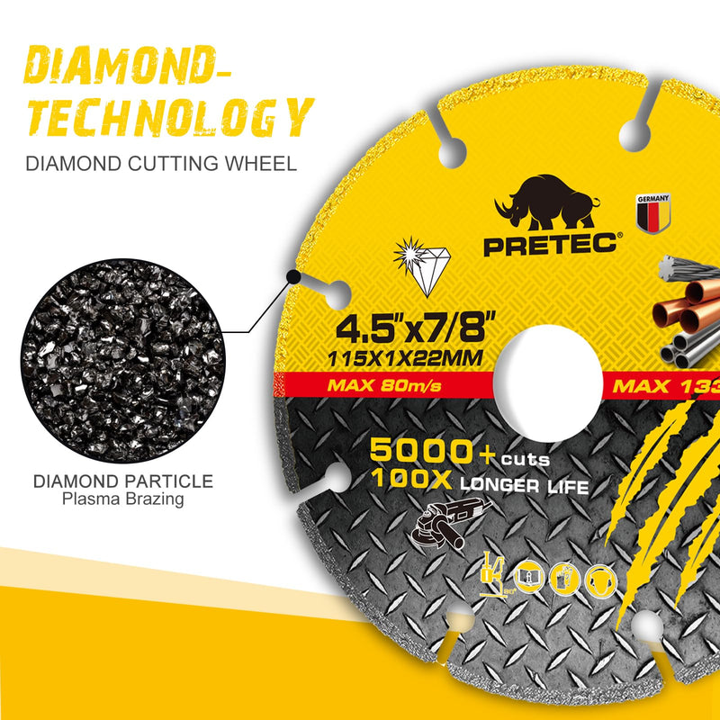 4 1/2 Inch Diamond Cutting Wheel, Metal 4 1/2'' Cut Off Wheel with 7/8" Arbor Hole, Angle Grinder Cutting Disc with 5000+ Cuts on Rebar, Steel, Iron and INOX, 100x Longer Wheel Life-1 Pack Diamond Cutting Wheel-4-1/2"