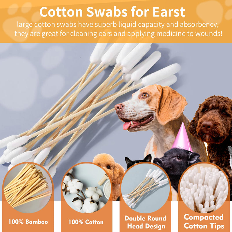 100 PCS 6 Inch Long Cotton Swabs in Box - Professional Large Cotton Swabs with Bamboo Handle - Double Sided Dog Ear Swabs - Specially Designed Big Cotton Swabs for Dog Ear, Cleaning Solution Double Round-100 PCS