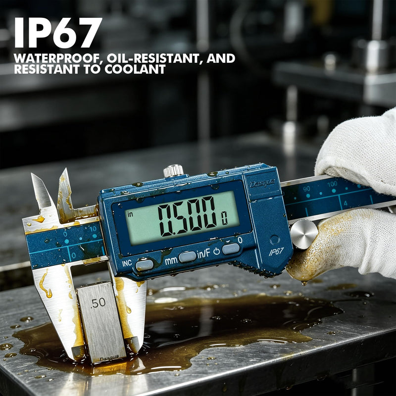 Dasqua 6”/150mm IP67 Absolute Origin Digital Caliper, Stainless Steel, Accuracy ±0.001”/0.02mm, Resolution 0.0005"/0.01mm/1/128, Water/Coolant/Dust Protection, in/mm/Fraction Conversion Blue Case Cover 6"/150mm