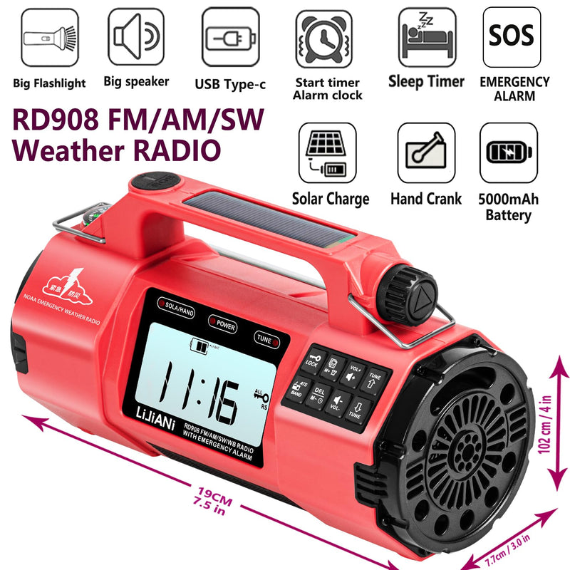 Hand Crank Emergency FM/AM/SW Weather Radio NOAA Alert, USB-C Solar Power, Bright Flashlight with Cell Phone Charger, Timer Clock for Home & Outdoor Hurricane Storm Survival kit Red