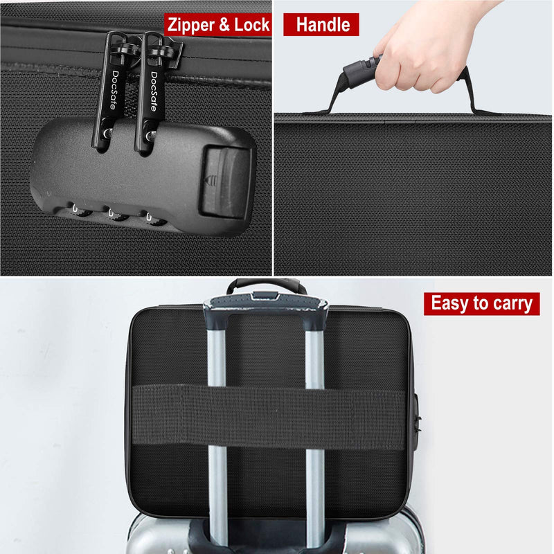 DocSafe Document Bag with Lock,Fireproof 3-Layer File Storage Case with Water-Resistant Zipper,Document Safe Portable Travel Home Organizer Bag for Laptop,Files,Certificates,Gifts for Him,Black 14.2"x10.6"x4" Black