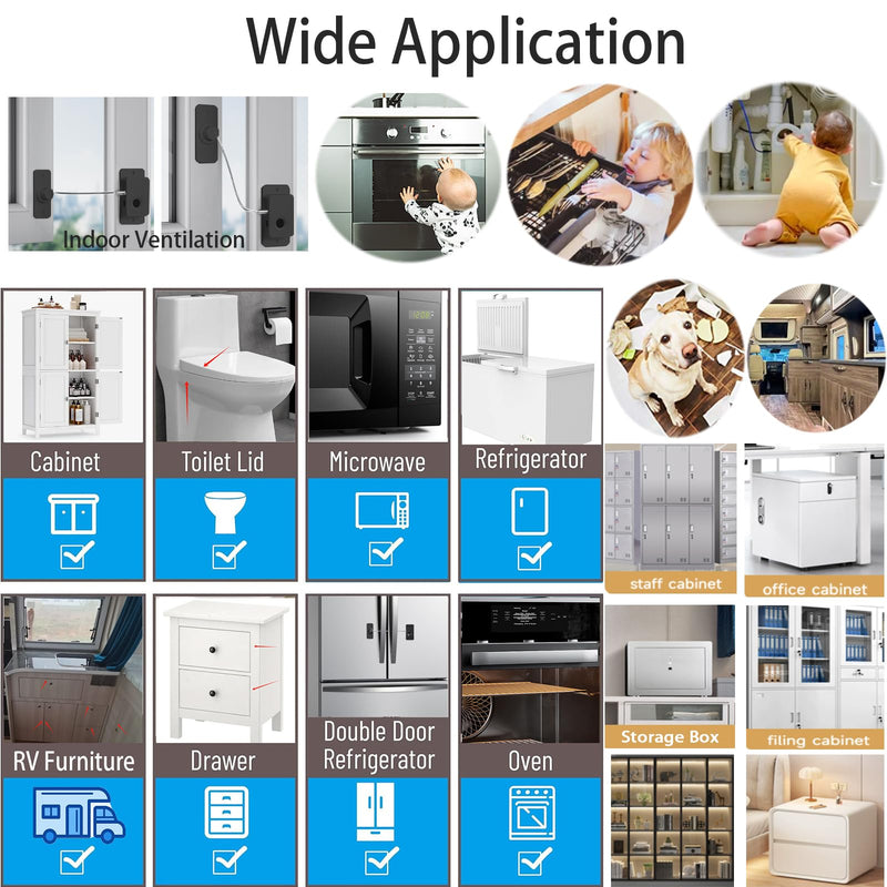 Upgrade Fingerprint Fridge Lock Baby Proofing w/USB Key for Cabinet Door Drawer Freezer, 90 Degree Window Locks French Refrigerator Cable Latch RV Furniture Anchor Anti Tip, Adhesive/Drill
