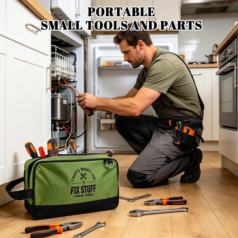 Small Tool Pouch, Zipper Tool Pouch 2 Compartments, Utility ToolBag with Carrying Handle, Heavy-Duty Tool Bag Organizer, Screwdriver Storage Tool Box, Electrician Mechanic Men Dad Gifts (Green) Green