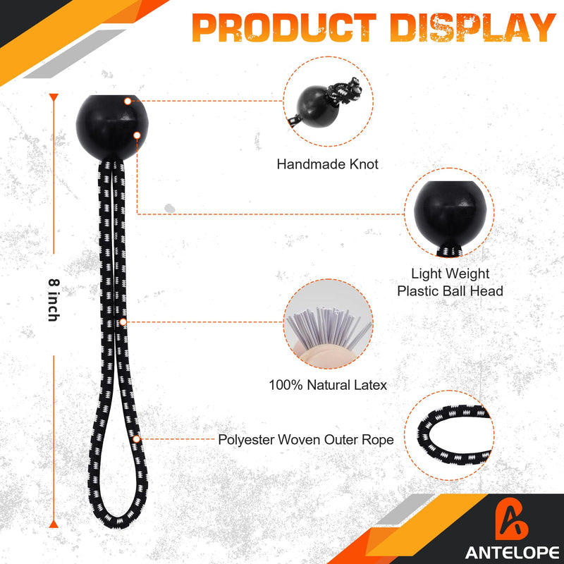 A ANTELOPE 25-Pack Ball Bungee Cord, 8" Heavy Duty Bungee Cord of Canopy Tarp Balls for Camping, Tent, Cargo, Fixed Lines and Hoses, Patio Umbrellas, Awnings (Black & White) 8" x 25PCS