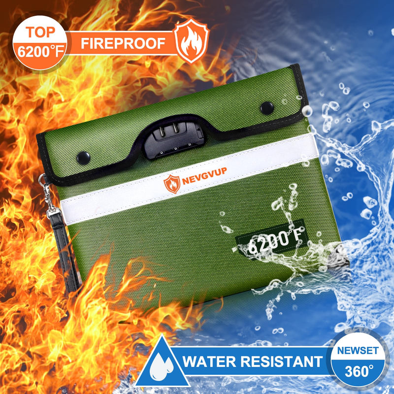 Upgraded 6200°F Fireproof Document Bag with Lock, Fire proof Money Bag for Cash with Zipper/Reflective Strip, 9 Layers of Heat Insulated Materials, Water Resistant Fireproof Bag for Documents,Safe Bag Green Inside Size 13.0“ x 10.0"