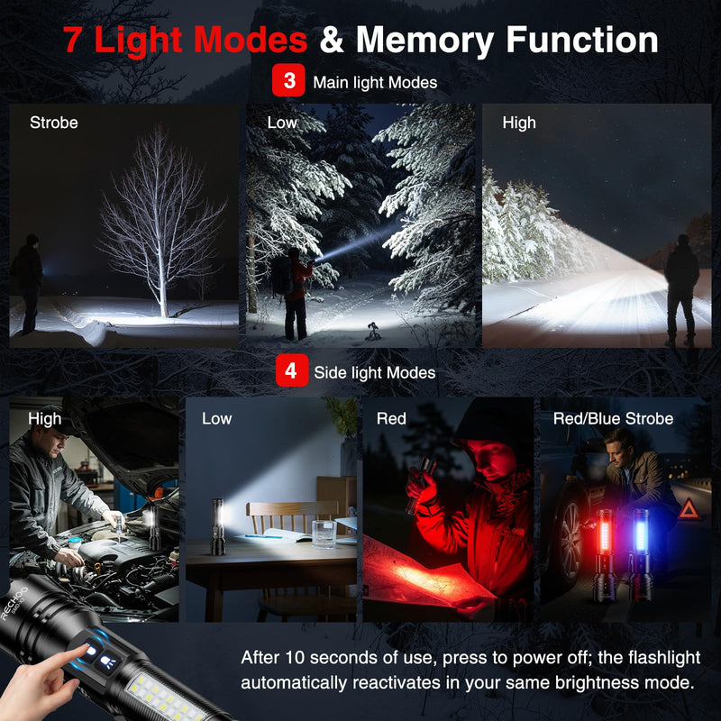 RECHOO Rechargeable Flashlights High Lumens, 7Modes Dual-Switch Flashlight Rechargeable with LCD Digital Display, Super Bright Flashlight Powerful Flash Light LED Flashlights for Home Camping Black-2Pcs
