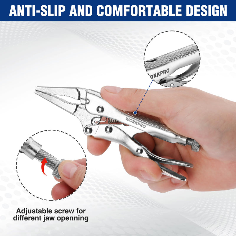 WORKPRO 4-1/2 inch Long Nose Locking Pliers, Chromium-Vanadium Steel Locking Pliers, Locking Adjustable Vise Grips for Clamping Twisting Welding 4-1/2"