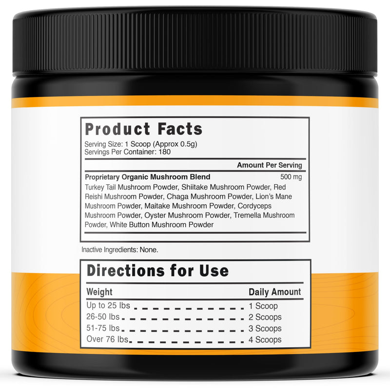 Turkey Tail Mushroom for Dogs Supplement Powder (90g) Organic Mushroom Complex with Lion's Mane for Dogs - Immune Support, Brain Health and Digestion - Third Party Tested, Non-GMO and Made in USA