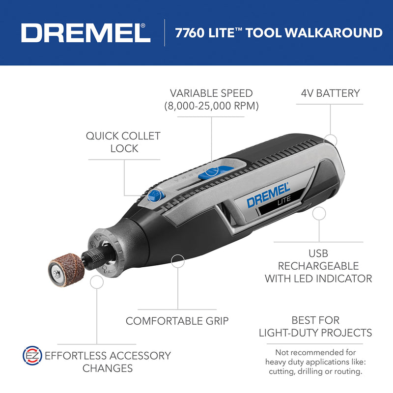 Dremel Lite 7760 N/10 4V Li-Ion Cordless Rotary Tool, Variable Speed Multi-Purpose Kit, USB Charging, Easy Accessory Changes - Perfect For Light-Duty DIY & Crafting, Sanding, Engraving and Polishing Rotary Tool 7760-N/10 Original Kit