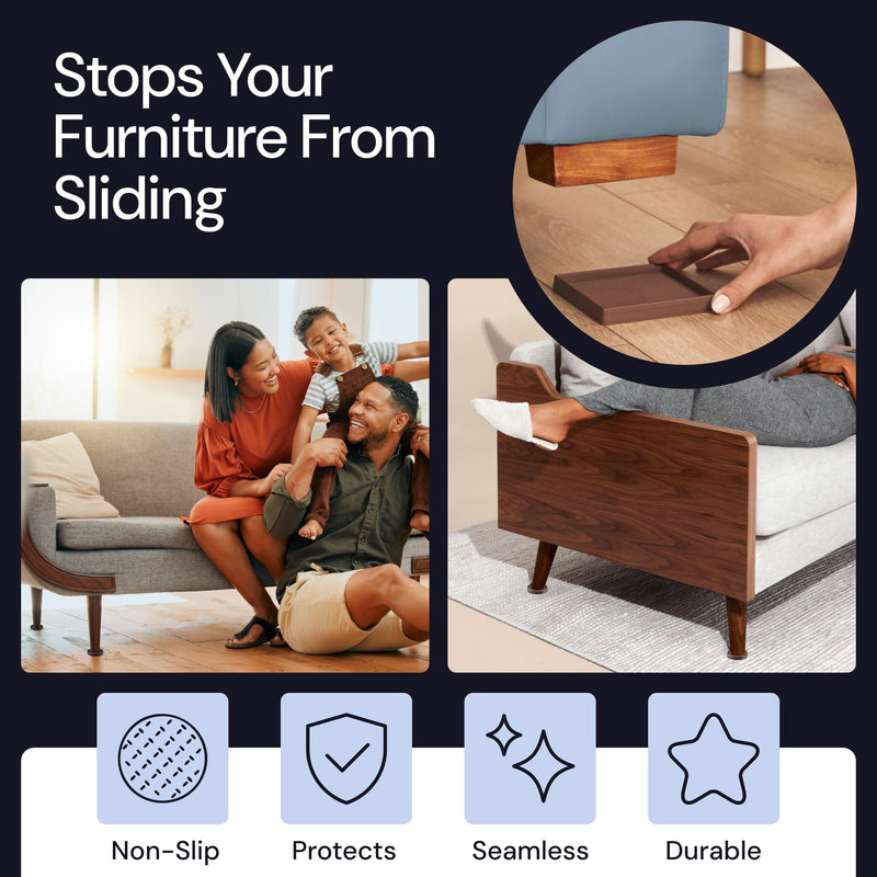 CasterMaster Non Slip Furniture Pads - 5x5 Square Rubber Anti Skid Caster Cups Leg Coasters - Bed Stoppers with Anti-Sliding Floor Grip - (Set of 4) - Brown Furniture Pads for Hardwood Floors