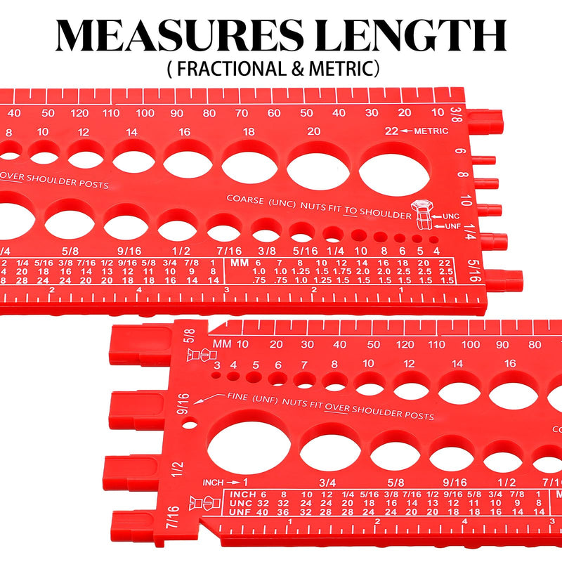 Hoteam 2 Pieces Nut Bolt Thread Gauge Checker Plastic Bolt Size and Thread Gauge Bolt Nut Thread Measure Gauge Bolt and Nut Identifier Gauge Bolt Gauge with Inch and Centimeter Ruler(Red) Red