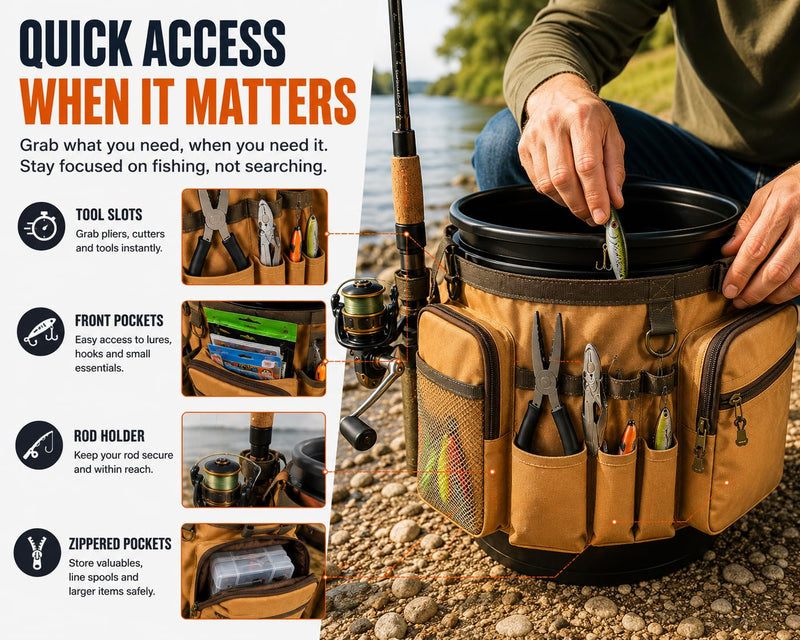 Katai Fishing Bucket Organizer for 5-Gallon Bucket – Heavy-Duty Water-Resistant Tackle Bag with Rod & Pliers Holders – Adjustable Straps & Multi-Pocket Design