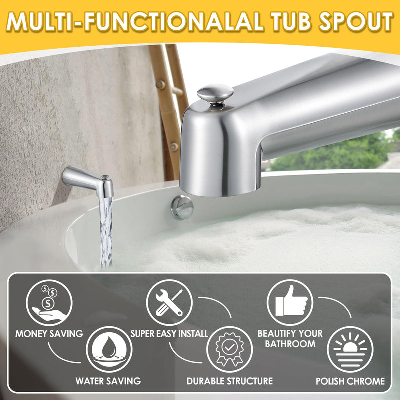 Enhon 7 Inch Slip on Tub Spout with Diverter, Compatible with Moen 3839/Moen 3853 Tub Spout, Bathtub Diverter Spout Fits 1/2" Copper Water Tube(5/8" Diameter), 5/32" Hex Wrench(Brushed Nickel) Brushed Nickel