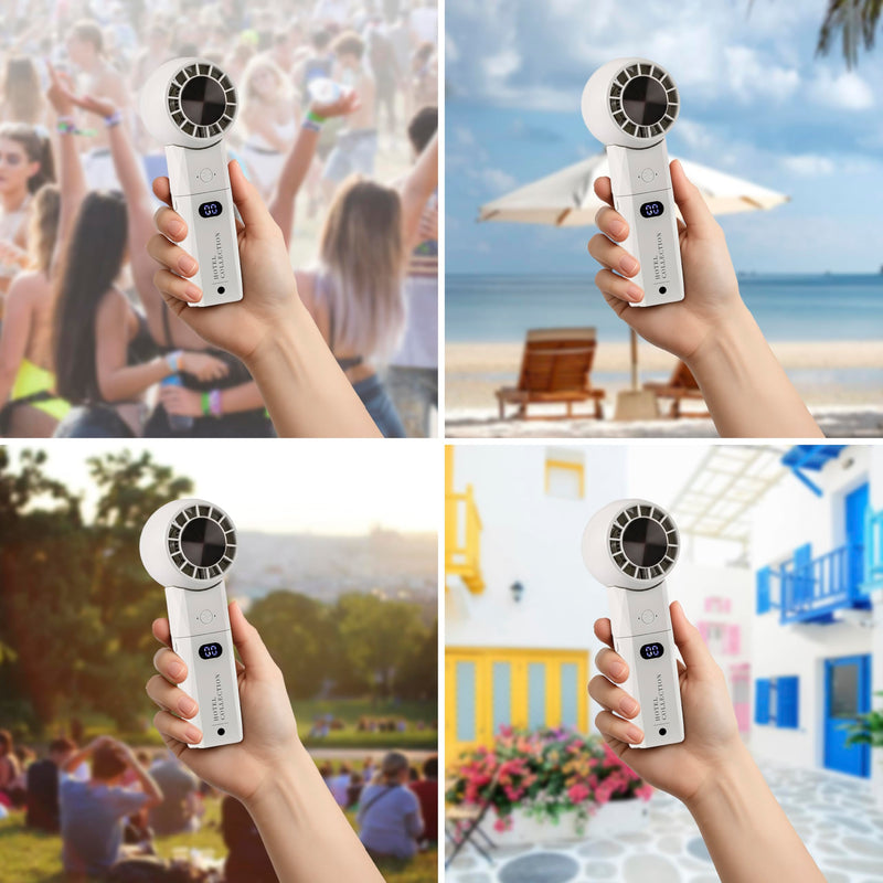 Hotel Collection - Breeze-Pro Handheld Mini Personal Fan, 2-in-1 USB Rechargeable Pocket Device with Power Bank, Portable for Travel, Summer, Concerts, Lash, Make - Up (White) White