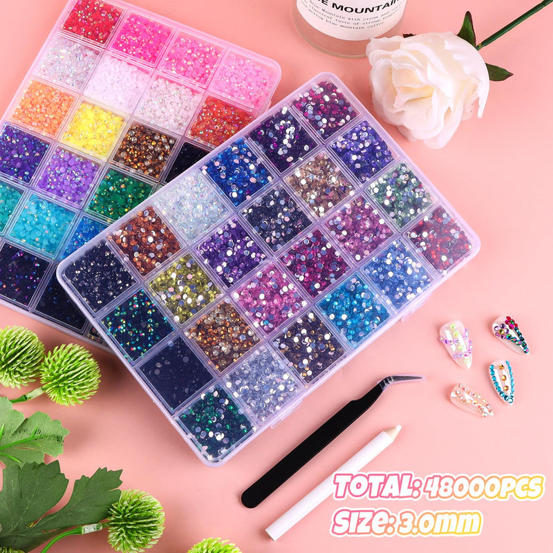 Kalolary 48000Pcs 48 Colors Jelly Rhinestones for Bedazzling and Diamond Art,3mm Resin Flatback Gems Bedazzler Kit with 3Pcs B7000 Glue Tweezers&Pick Up Pen for DIY Crafting Crafts Book Shoes Nail Art