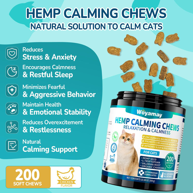 Woyamay Cat Calming Chews, 200 Treats Calming Treats for Cats for Anxiety & Stress Relief, Calming Treats for Cats, Melatonin Cat Calming Chews for Separation, Travel, Grooming