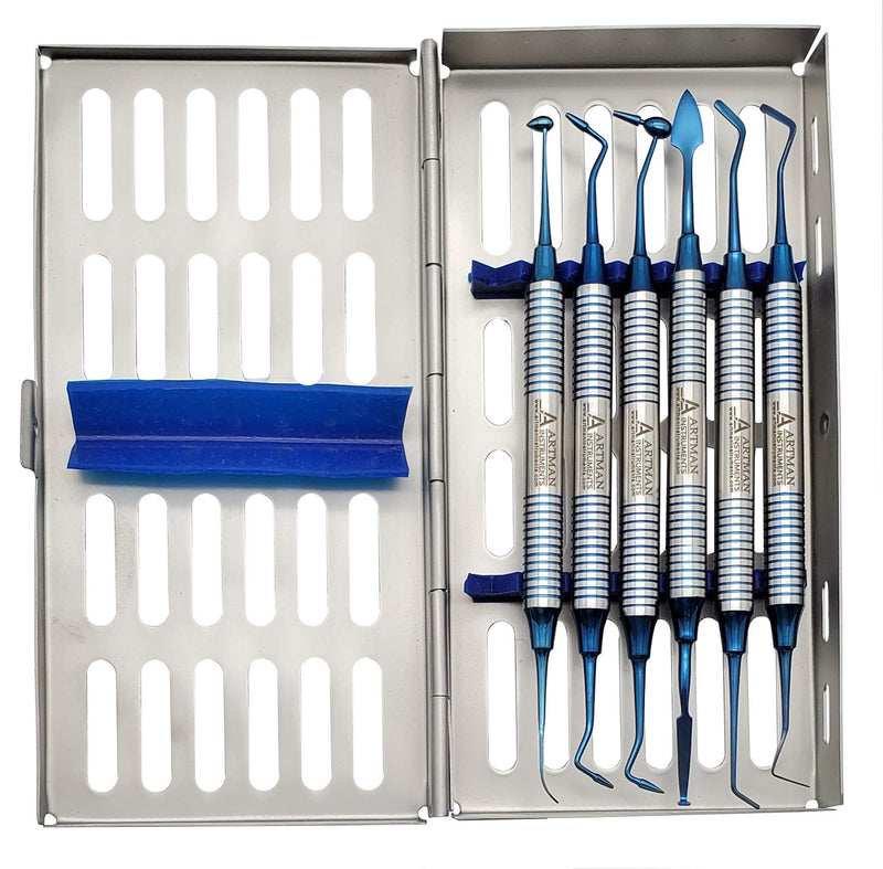 Dental Composite Non Stick Filling Instruments Kit in Stainless Steel Cassette (6 PCS Blue Plasma Coated) Restorative Tools by Artman Instruments