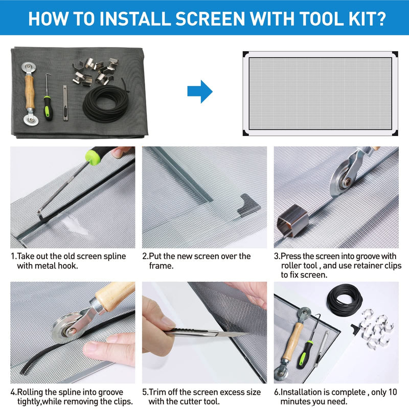 Screen Repair Kit, 5 in 1 Screen Tool - Screen Roller Tool, Spline Removal Hook,Screen Clips, Retainer Spline (32 ft) and Screen Cutter for Replacing & Installing Door and Window Screens Black Spline