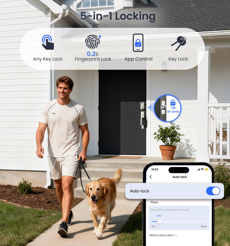 Veise VE017 Fingerprint Smart Door Lock, App Control, 7-in-1 Keyless Entry, Auto Lock, Emergency Power Port, Electronic Touchscreen Keypad, Biometric Smart Locks for Front Door, Satin Nickel