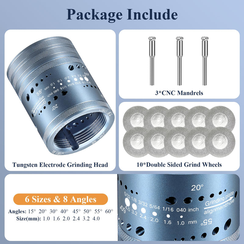Tungsten Electrode Sharpener Grinder Head,Tungsten Sharpener for Tig Welding with 48 Holes,4 Angles 6 Size,3 CNC Mandrel,10 Double Diamond Wheels Suitable for Most Rotary tool