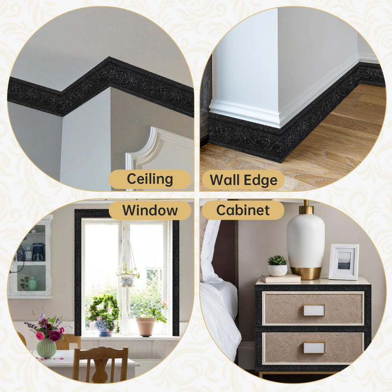 181" x 1.57" Peel Stick Foam Molding Trim, Flexible Crown Molding Wallpaper Border Self Adhesive 3D Wall Edging Lines Foam Baseboard Wall Trim for Home, Office, Hotel DIY Decoration (Black) Black