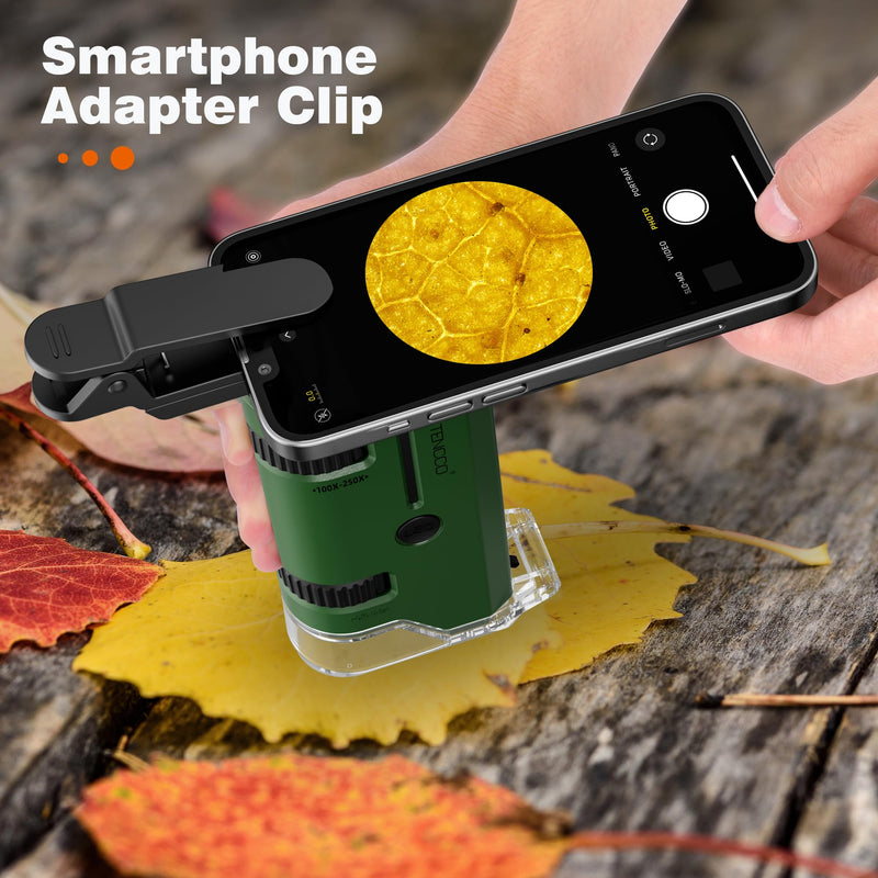 100x-250x Mini Pocket Microscope for Kids Adults, Protable Handheld Microscope with 5 Microscope Slides, Phone Adapter, Miniscope Portable Microscope Kit for Kids Adults Science Lab Education, Green